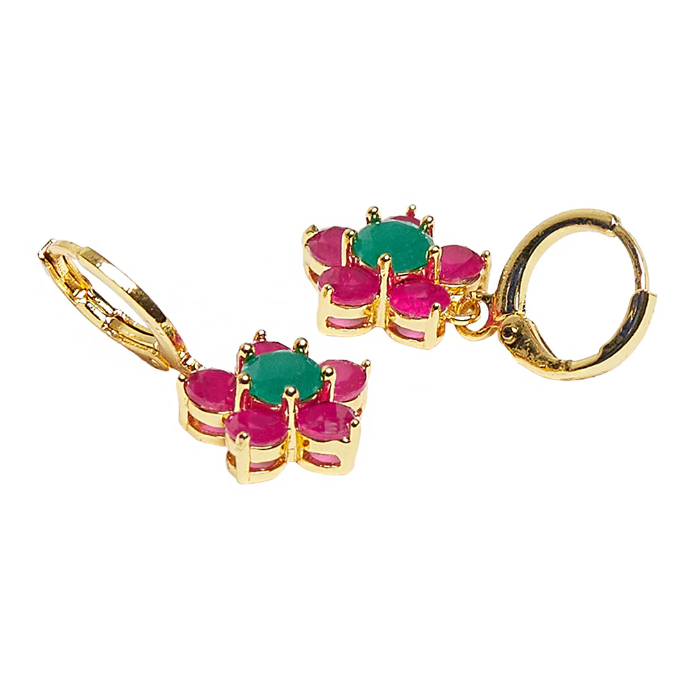Floral Round Cut Zircons Adorned Gold Plated Brass Huggie Earrings - Image 4