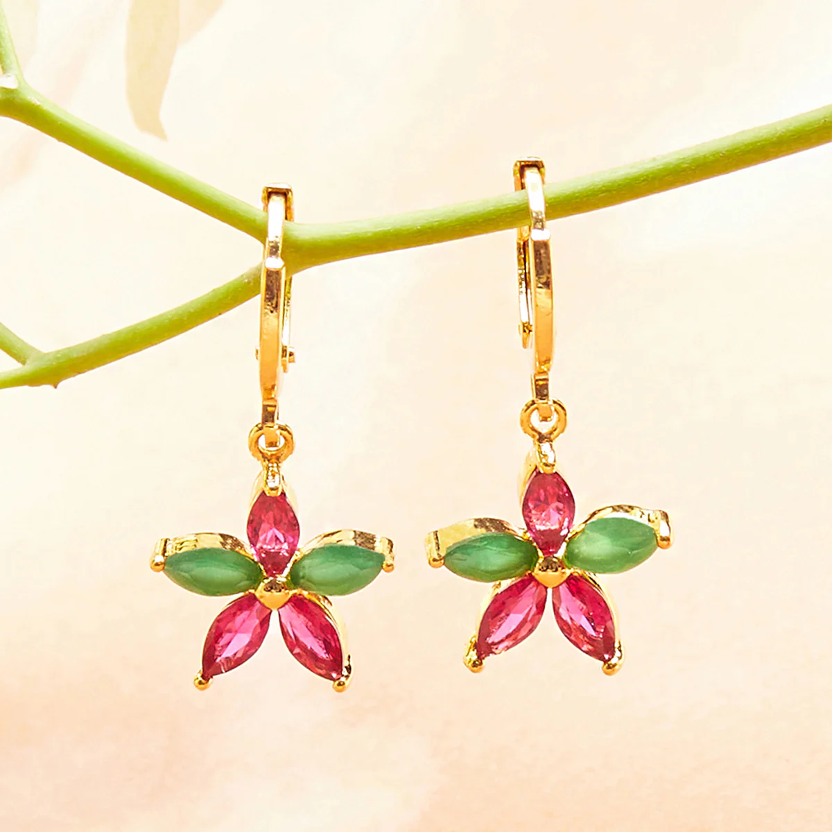 Spakling Essentials Floral Pink & Green Gems Embellished Earrings