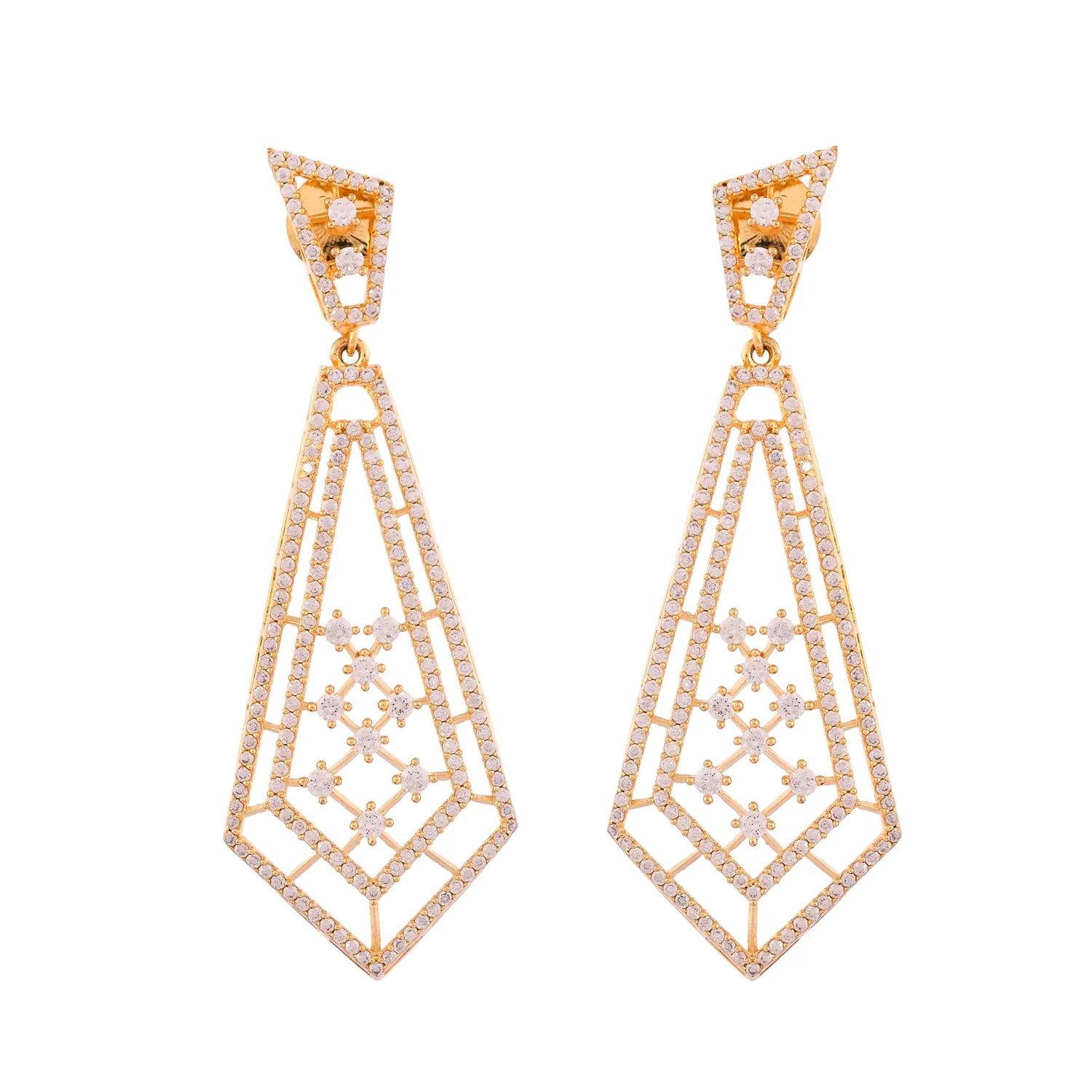 Sparkling Elegance Art Deco American Diamond Gold Dangler Earrings - Image 5