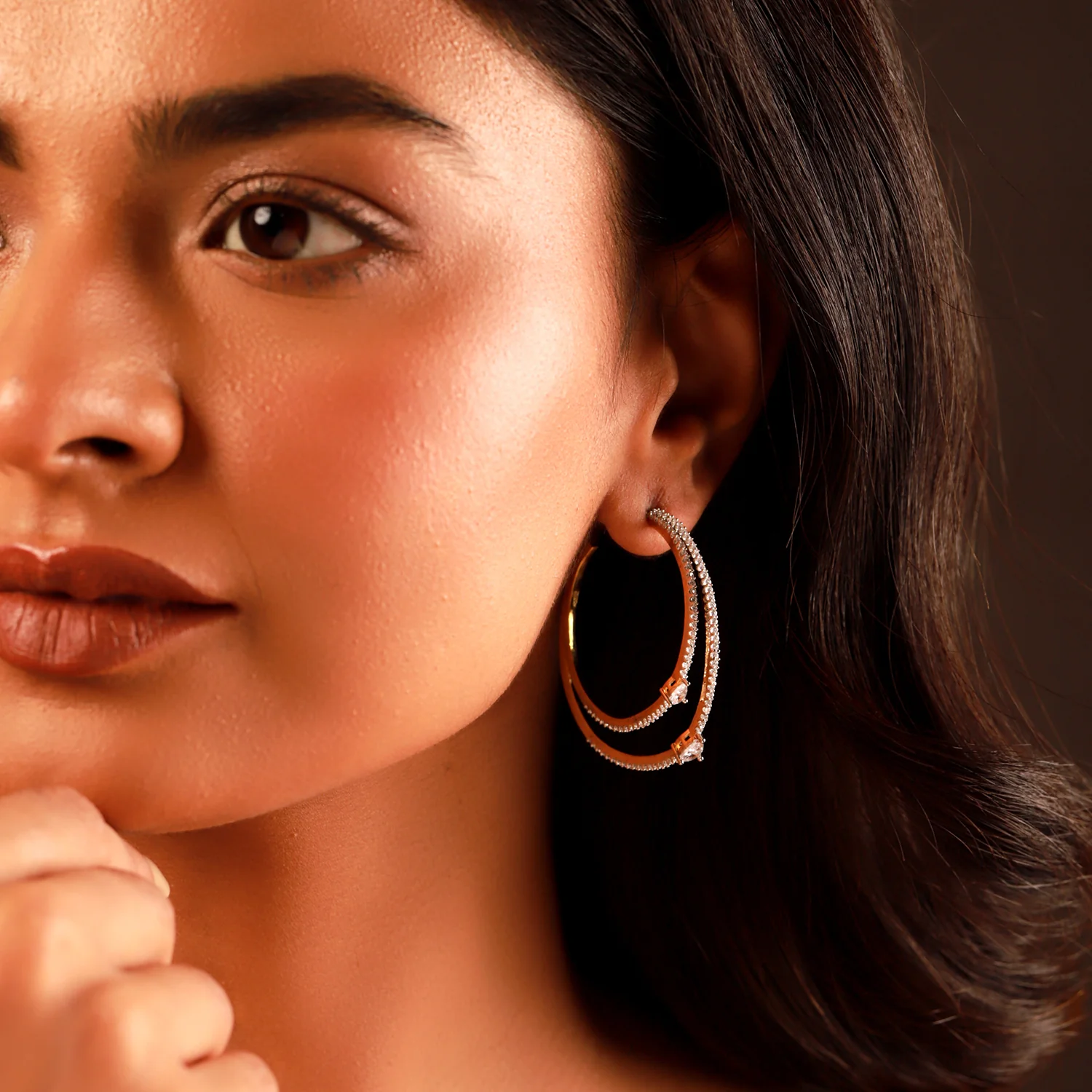 Sparkling Elegance Aurea Halo Gold American Diamond Hoop Earrings - Image 2