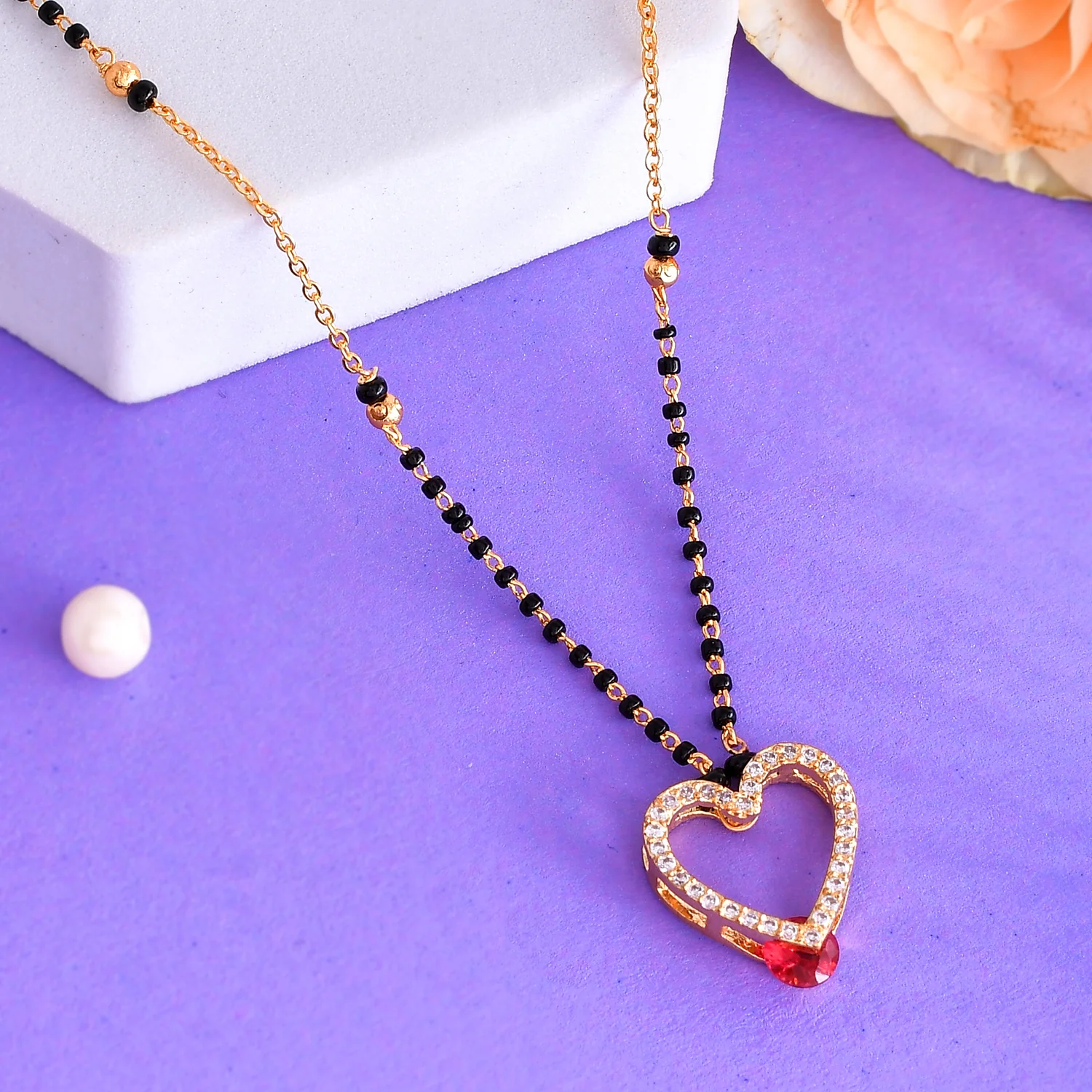 Sparkling Elegance Black Beads Heart Zirconia Gems Mangalsutra