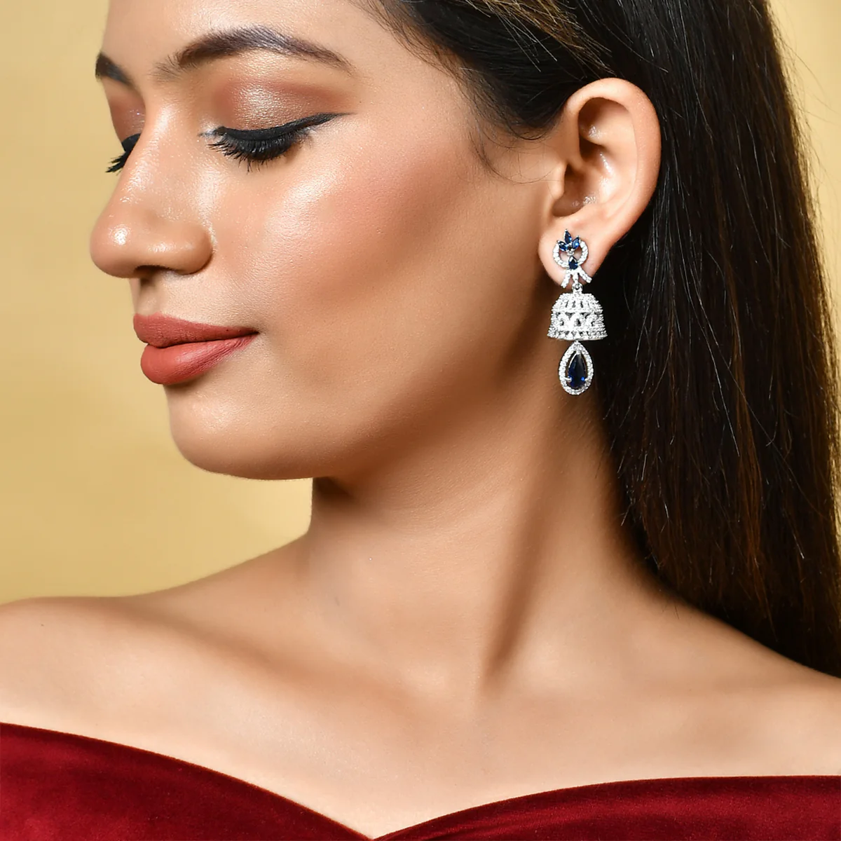 Sparkling Elegance Blue and White CZ Jhumka Earrings - Image 2