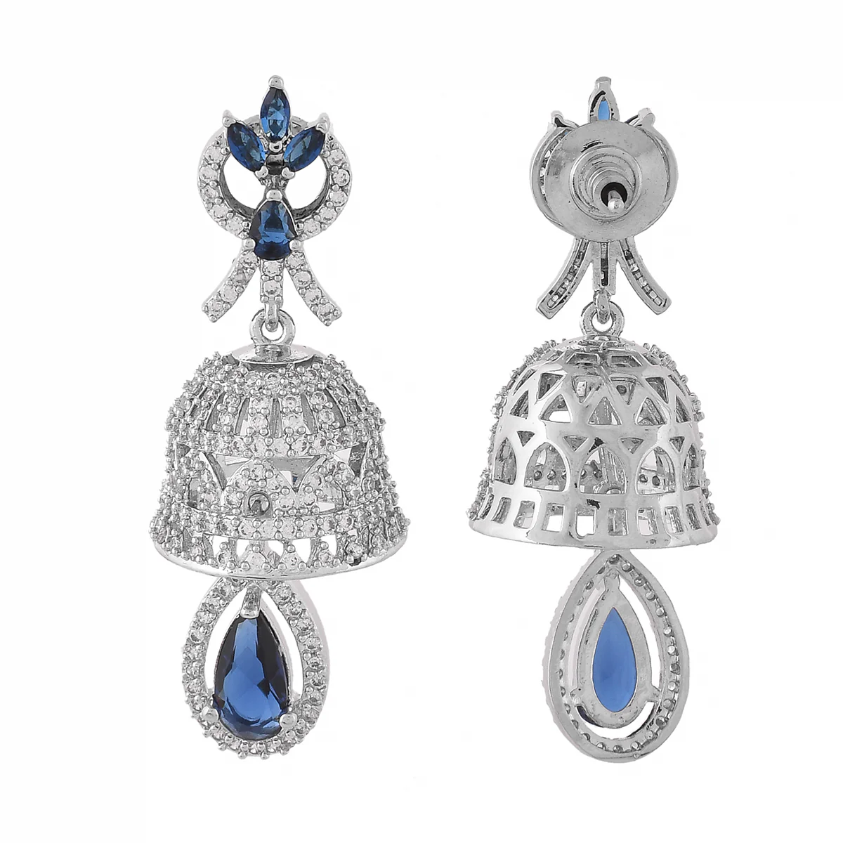 Sparkling Elegance Blue and White CZ Jhumka Earrings - Image 3