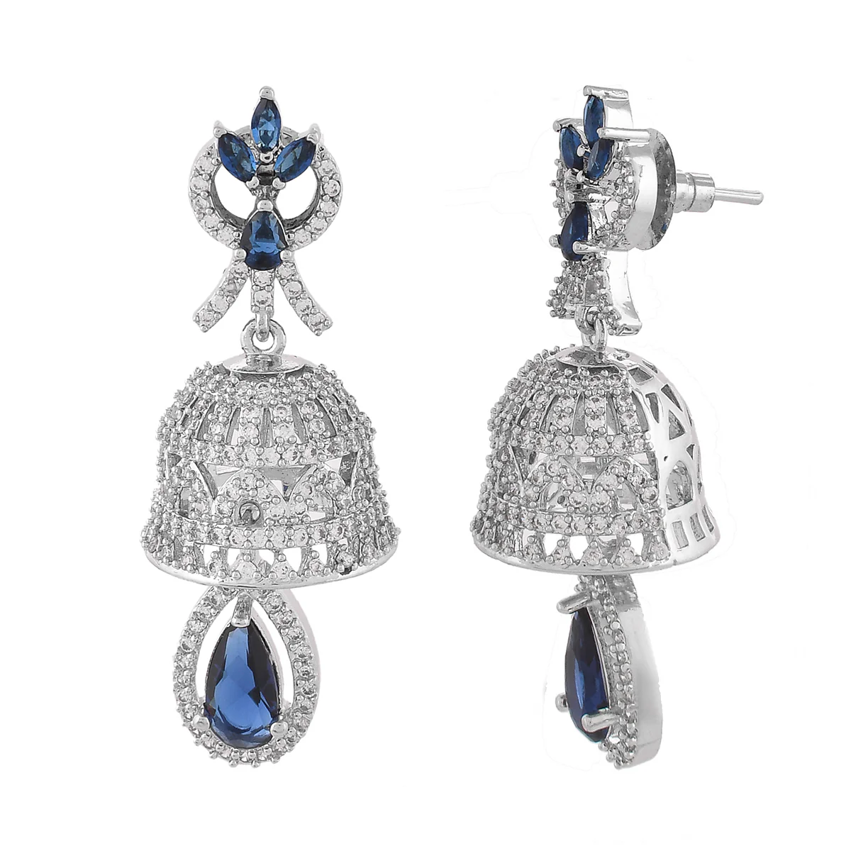 Sparkling Elegance Blue and White CZ Jhumka Earrings - Image 4