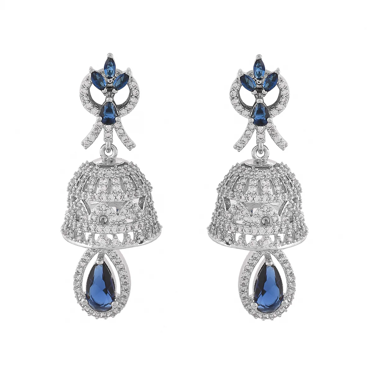 Sparkling Elegance Blue and White CZ Jhumka Earrings - Image 5