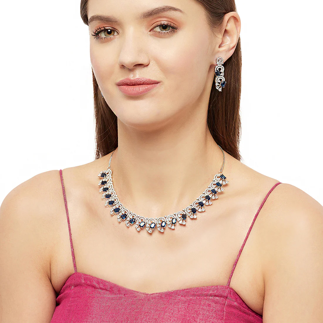 Sparkling Elegance Blue and White CZ Studded Necklace Set - Image 2