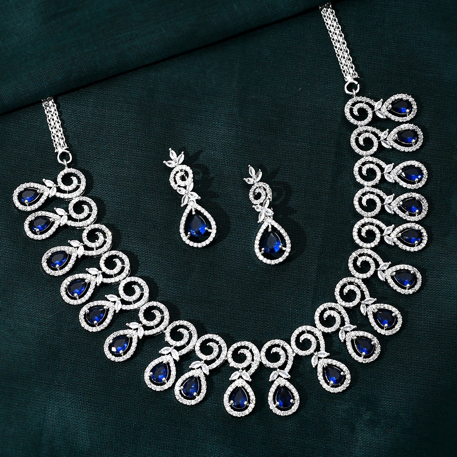 Sparkling Elegance Blue Beauty Teardrop American Diamond Necklace Set