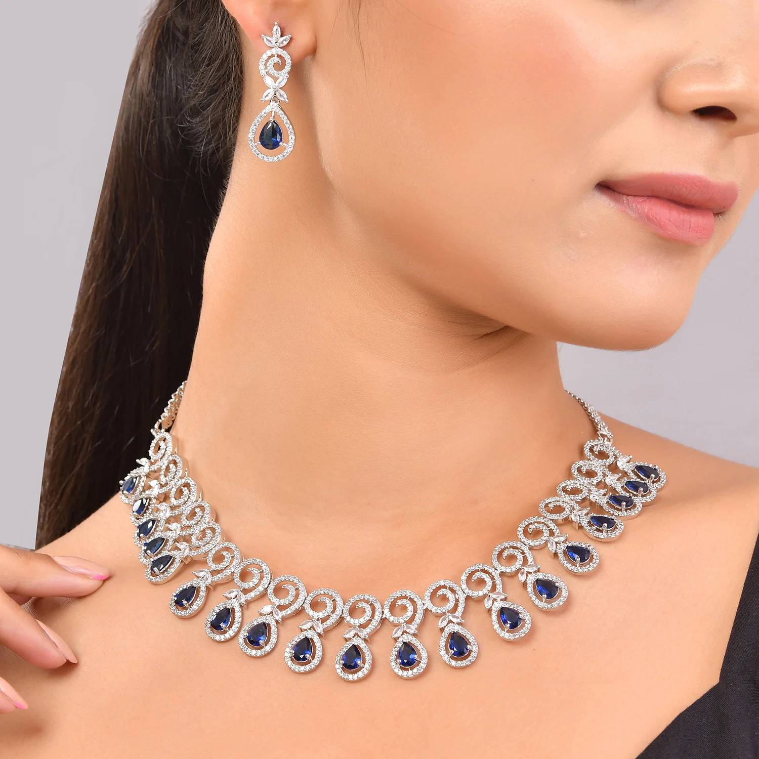 Sparkling Elegance Blue Beauty Teardrop American Diamond Necklace Set - Image 2