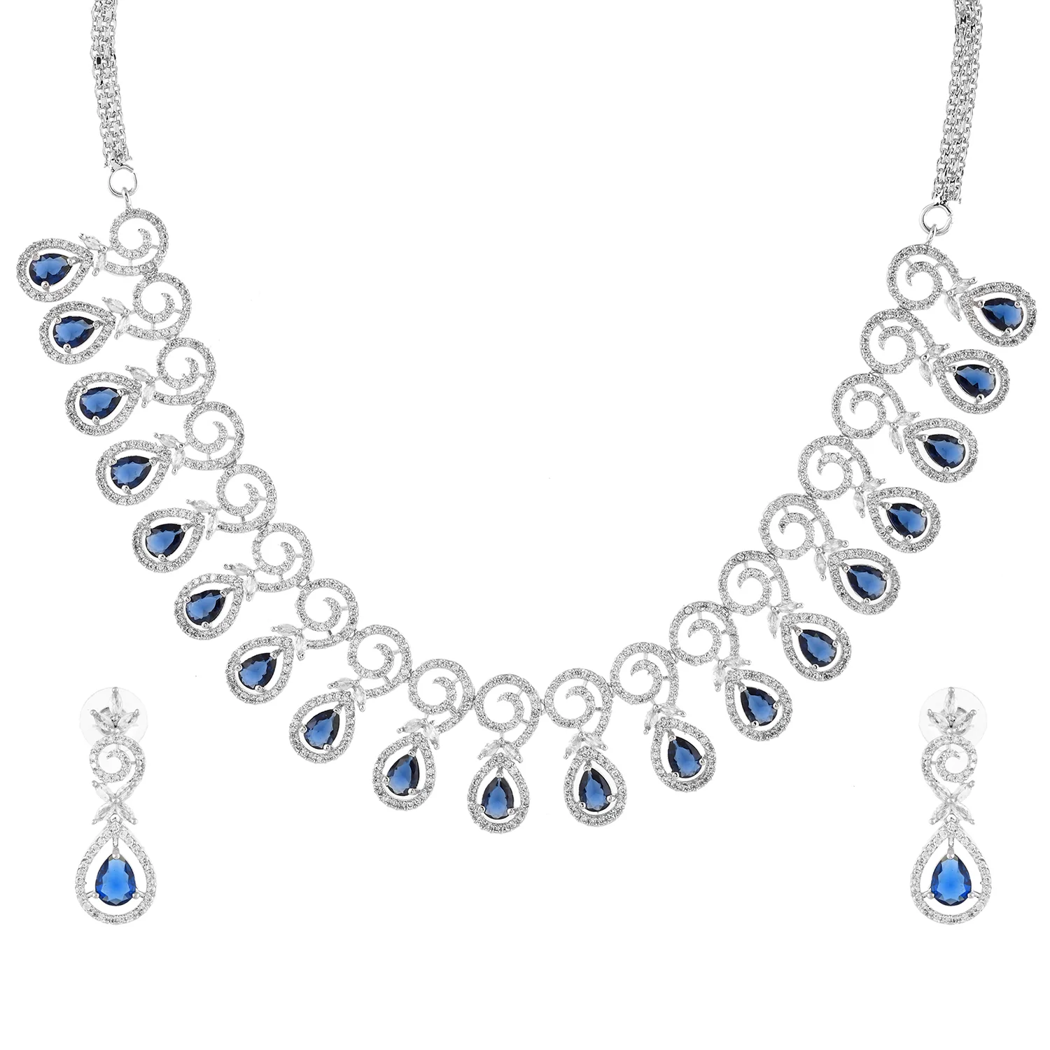 Sparkling Elegance Blue Beauty Teardrop American Diamond Necklace Set - Image 3