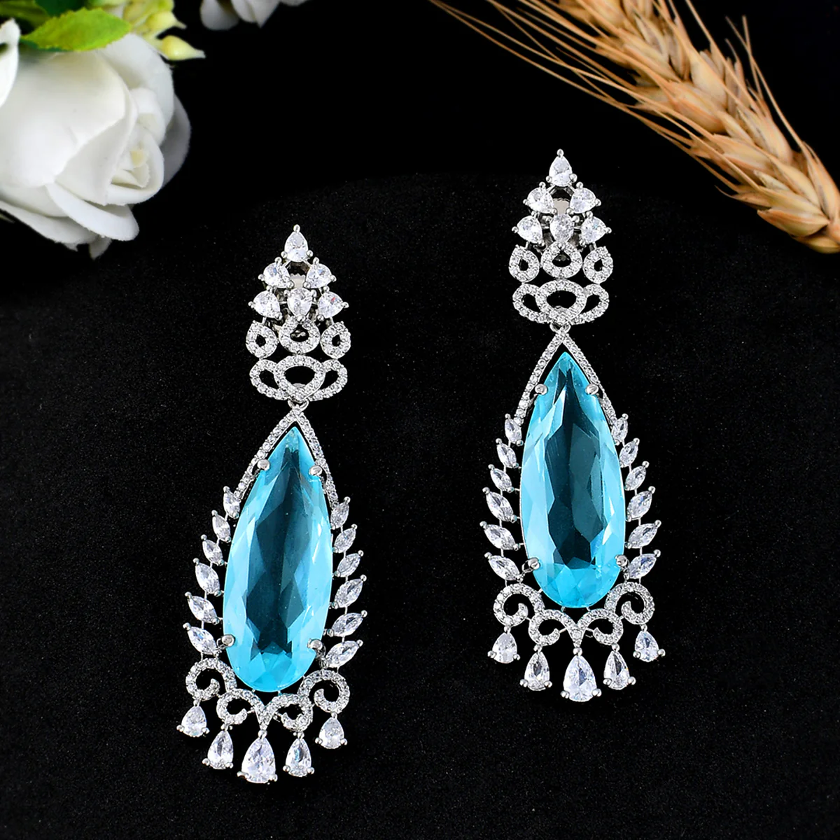 Sparkling Elegance Blue Tear Drop Design Statement Earrings