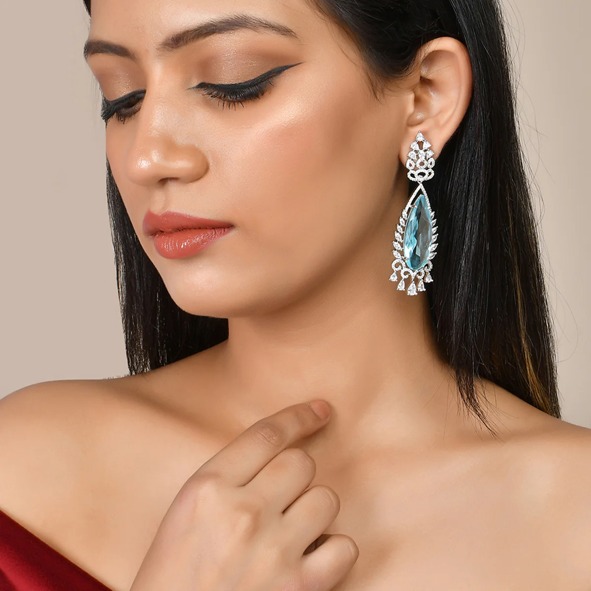 Sparkling Elegance Blue Tear Drop Design Statement Earrings - Image 2