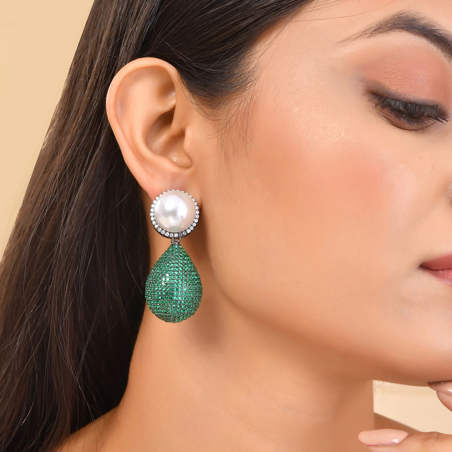 Sparkling Elegance Celestial Charms American Diamond Green Dangler Earrings - Image 2