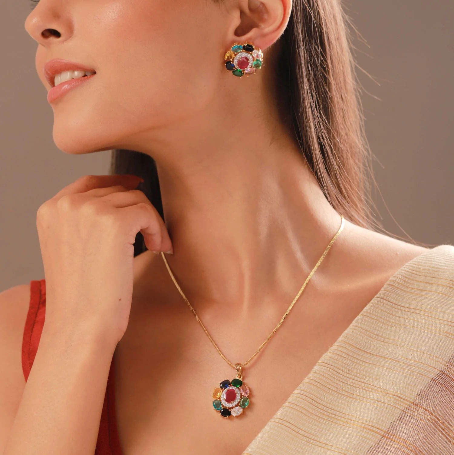 Sparkling Elegance Celestial Radiance Multicolor American Diamond Pendant Set - Image 2