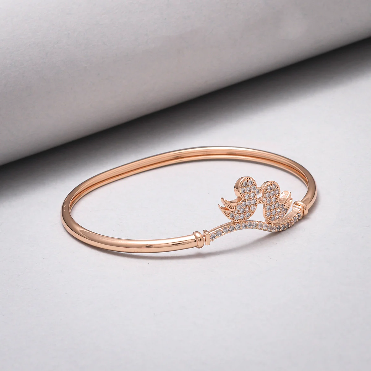 Sparkling Elegance Charming Ducks Motifs Zircons Embellished Brass Rose Gold Plated Bracelet