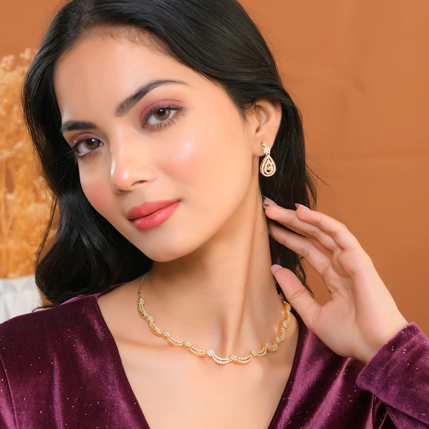 Sparkling Elegance Chic Gold-Plated American Diamond Necklace Set - Image 2