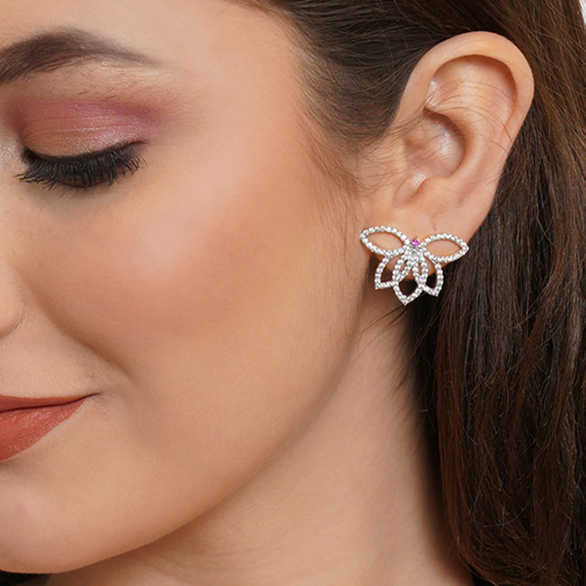 Sparkling Elegance Cluster Setting CZ Floral Earrings - Image 2