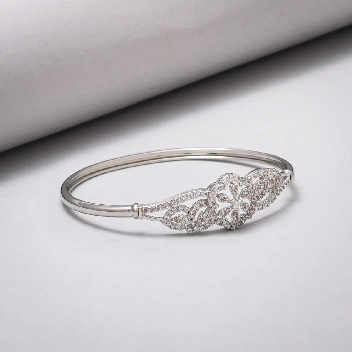 Sparkling Elegance Cluster Setting CZ Floral Motif Brass Rhodium Plated Bracelet