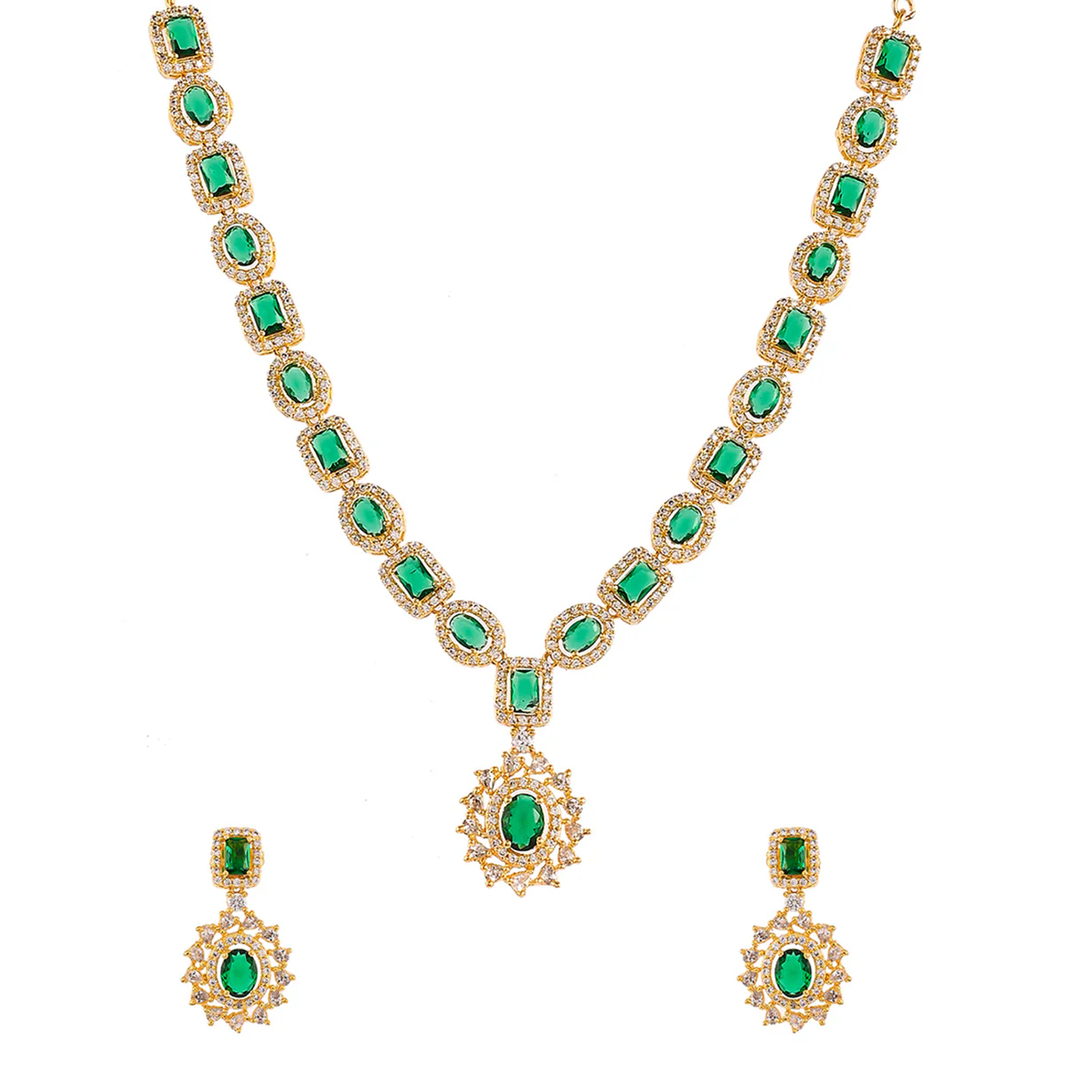 Sparkling Elegance Cluster Setting Round and Oval Cut CZ Brass Gold Plated Jewellery Set - Image 4