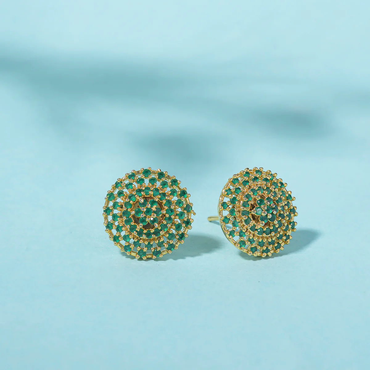 Sparkling Elegance Cluster Setting Round Cut Green Zircons Gold Plated Brass Earrings