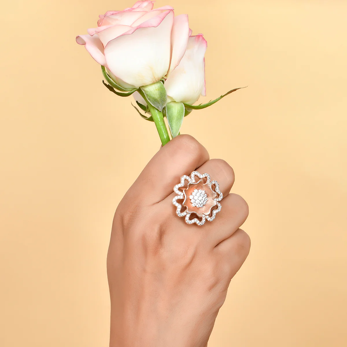 Sparkling Elegance Contemporary Floral Motif Ring - Image 2