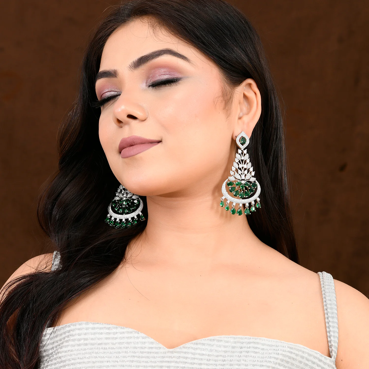 Sparkling Crescent Green Dangler Earrings with American Diamond - Image 3