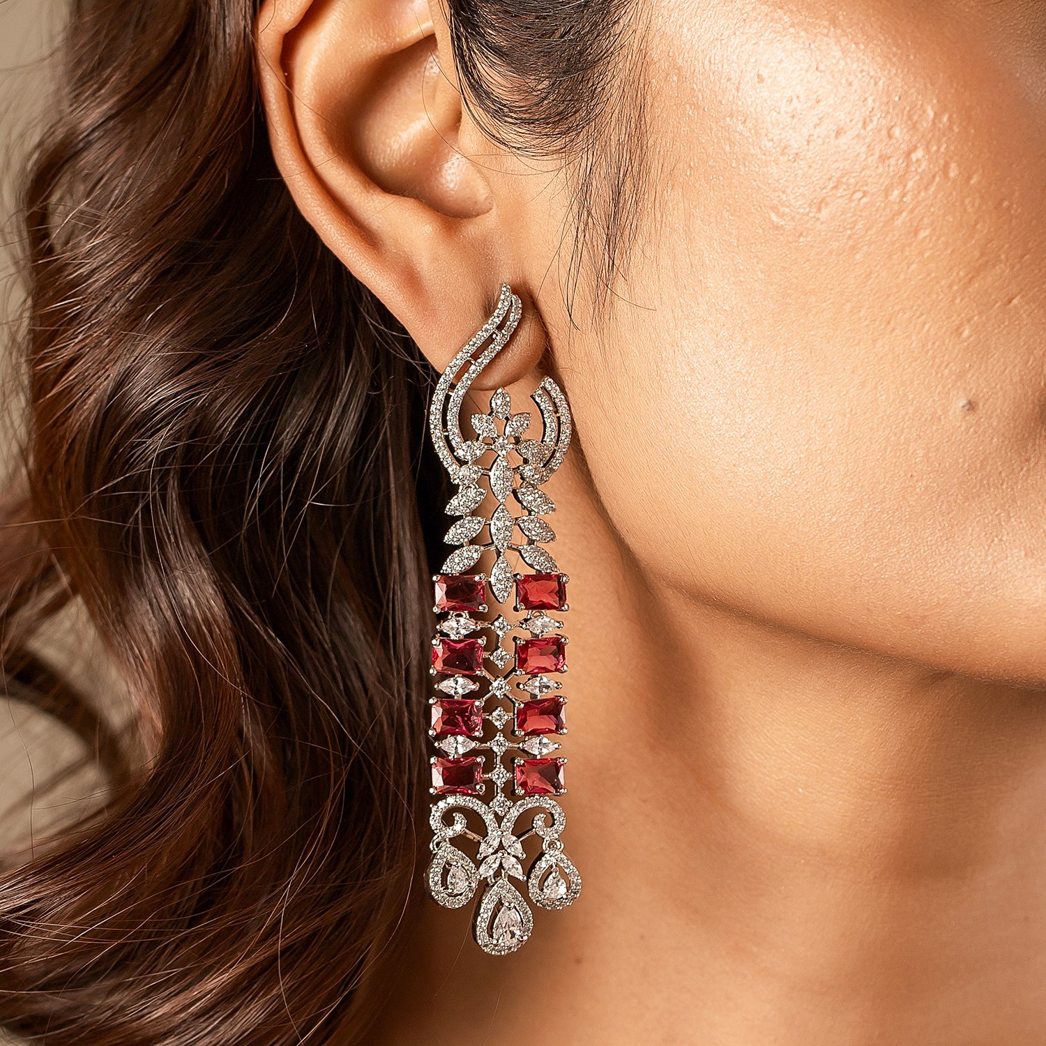 Sparkling Elegance Crimson Ruby American Diamond Dangler Earrings - Image 2