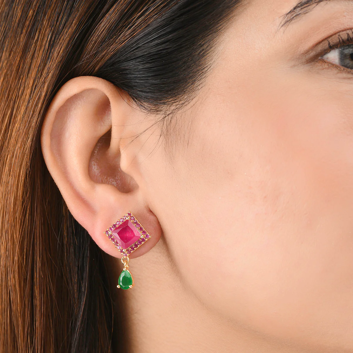 Sparkling Elegance Cushion Setting Zircons Adorned Brass Gold Plated Earrings - Image 2