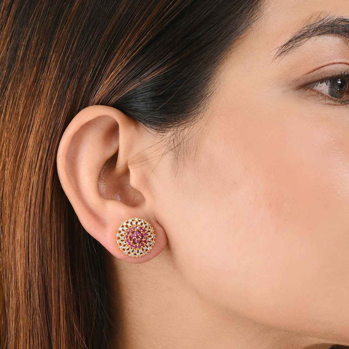 Sparkling Elegance Cutwork Design Zircons Adorned Brass Gold Plated Earrings - Image 2