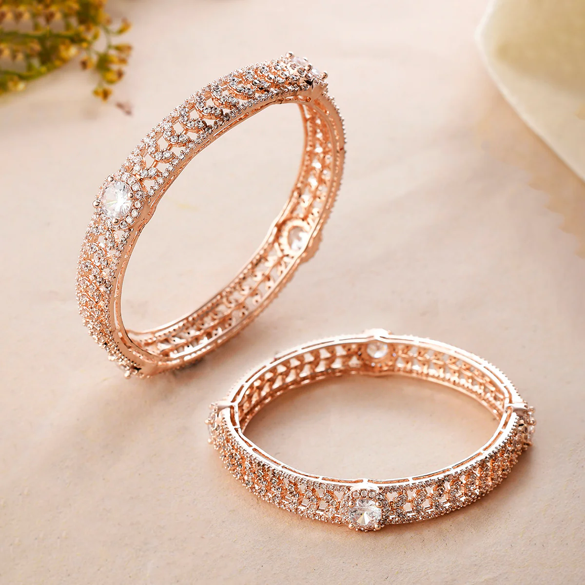 Sparkling Elegance Cz Studded Rose Gold Bangles