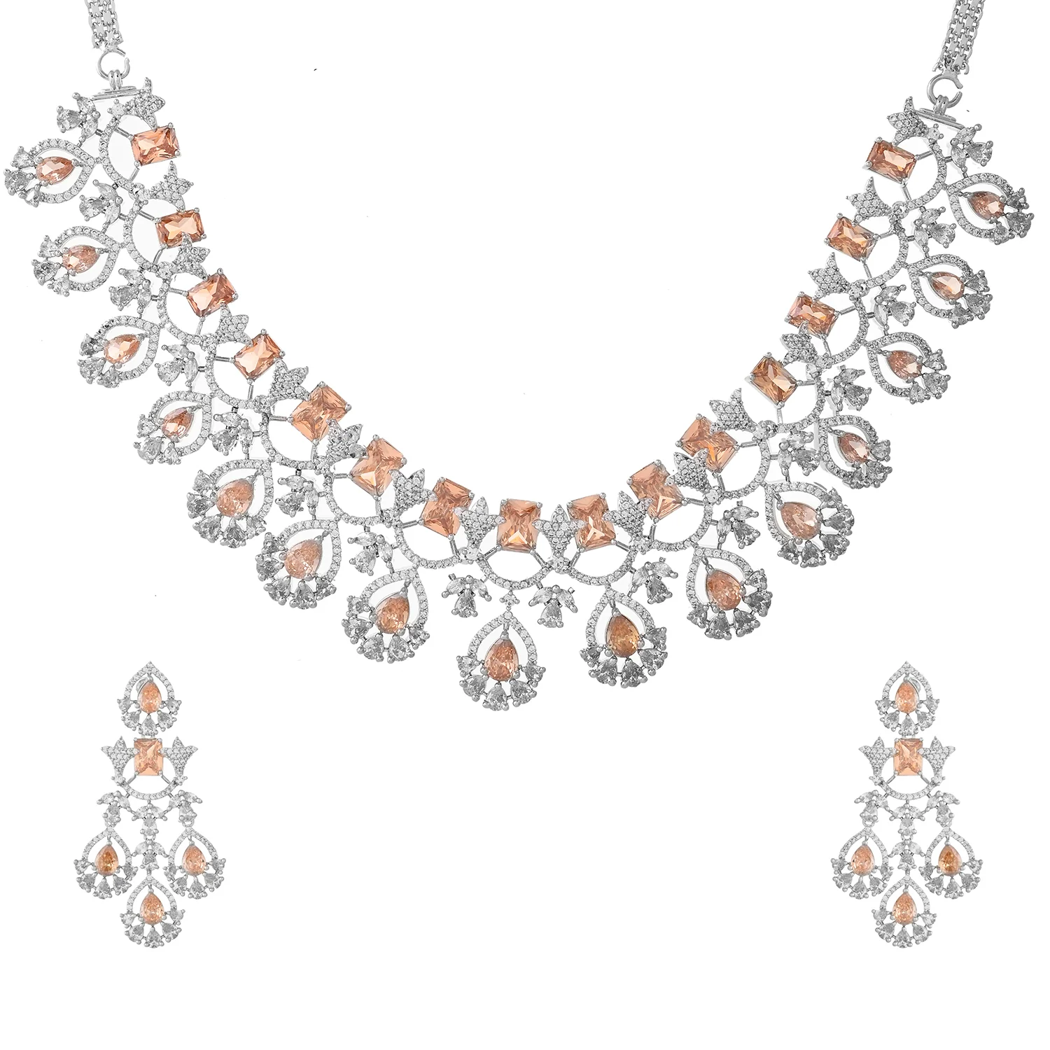Sparkling Elegance Dazzling Peach American Diamond Necklace Set - Image 3