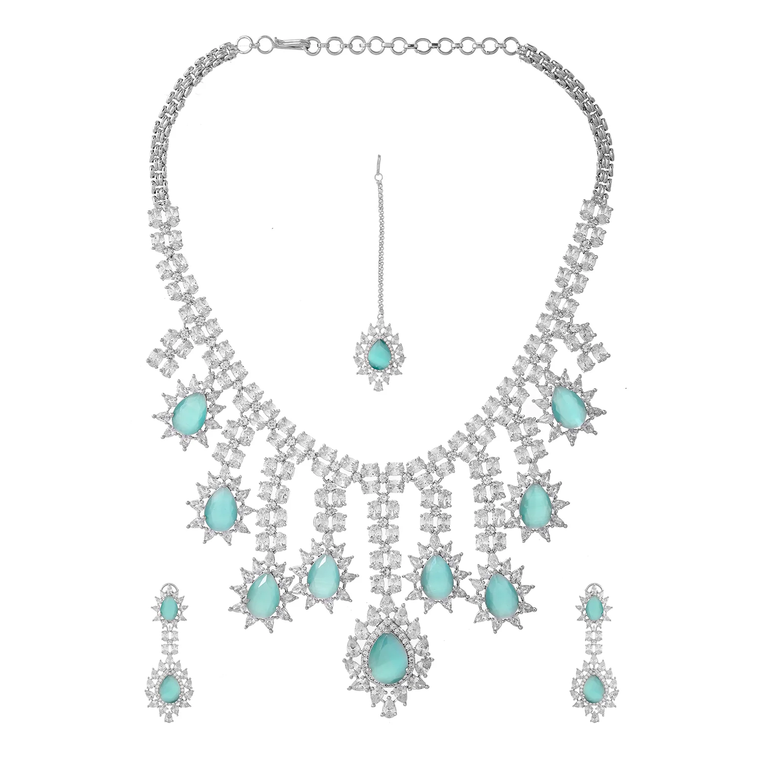 Sparkling Elegance Dazzling Turquoise American Diamond Maang Tikka Set - Image 4