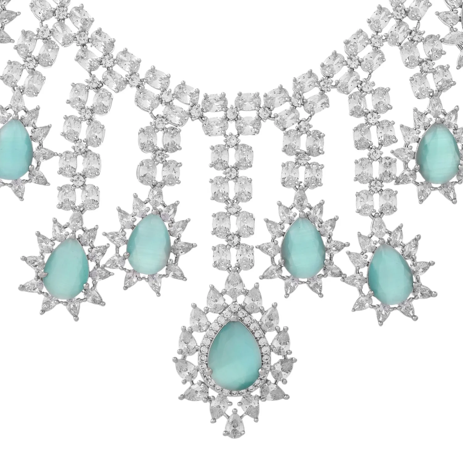 Sparkling Elegance Dazzling Turquoise American Diamond Maang Tikka Set - Image 5
