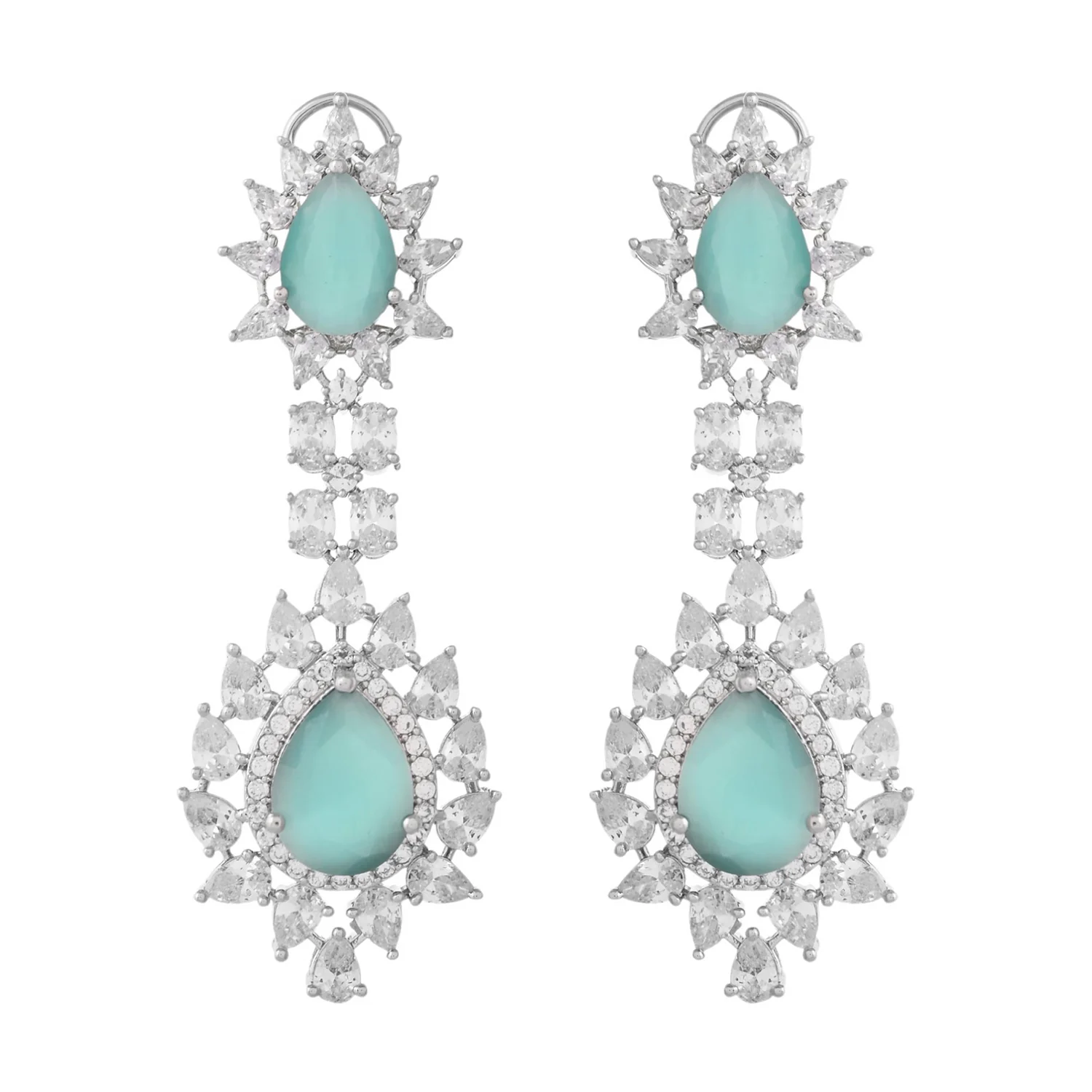 Sparkling Elegance Dazzling Turquoise American Diamond Maang Tikka Set - Image 6
