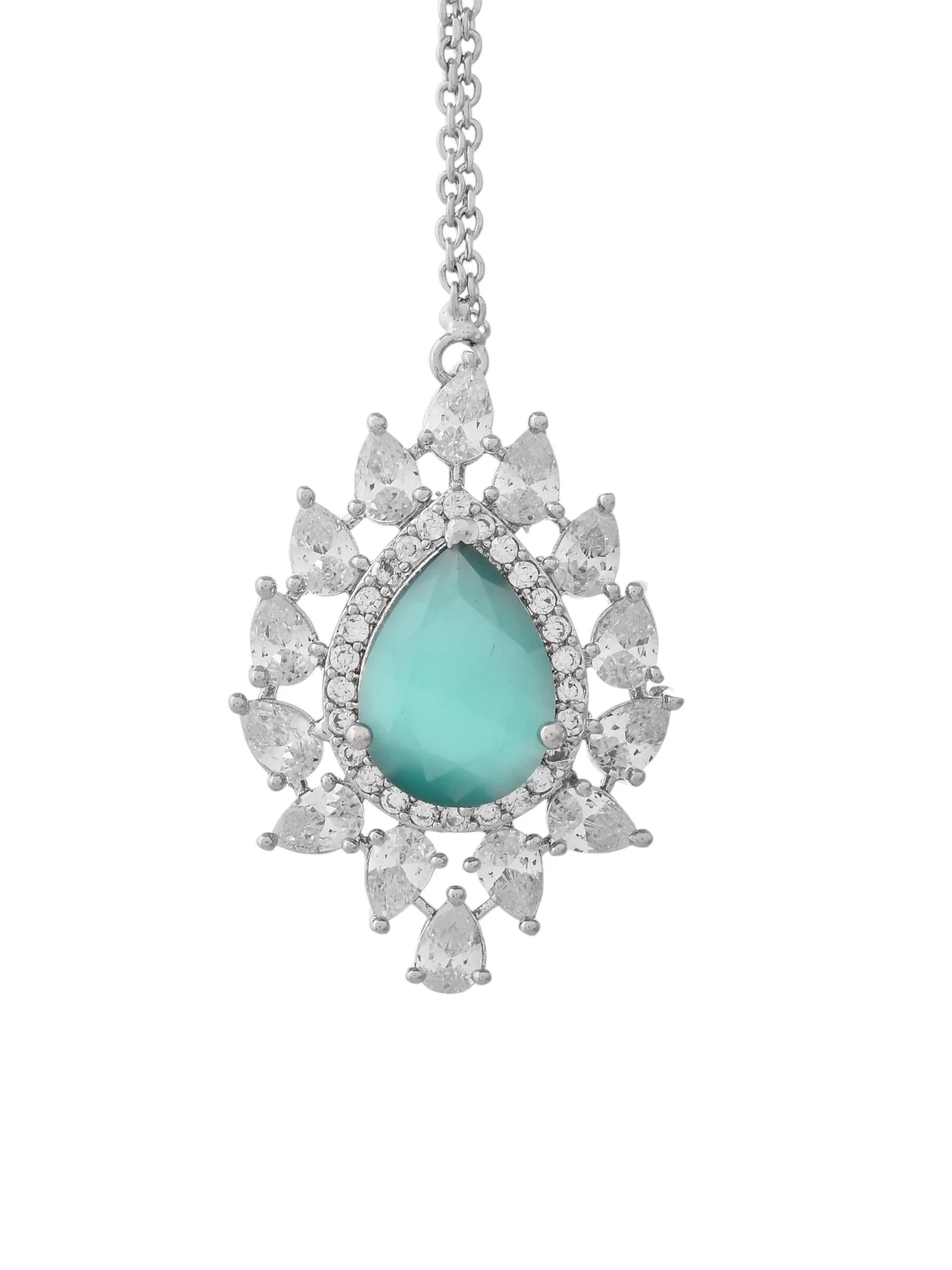 Sparkling Elegance Dazzling Turquoise American Diamond Maang Tikka Set - Image 8