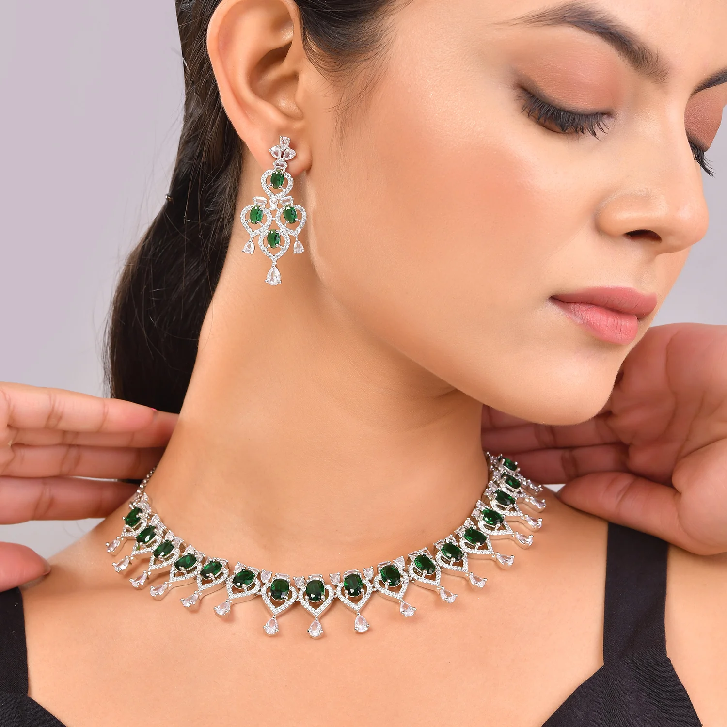 Sparkling Elegance Dew-Kissed American Diamond Necklace Set - Image 2