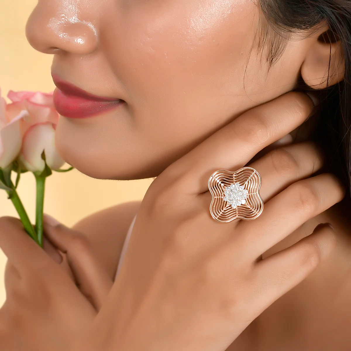 Sparkling Elegance Edgy Floral Motif CZ Ring - Image 2
