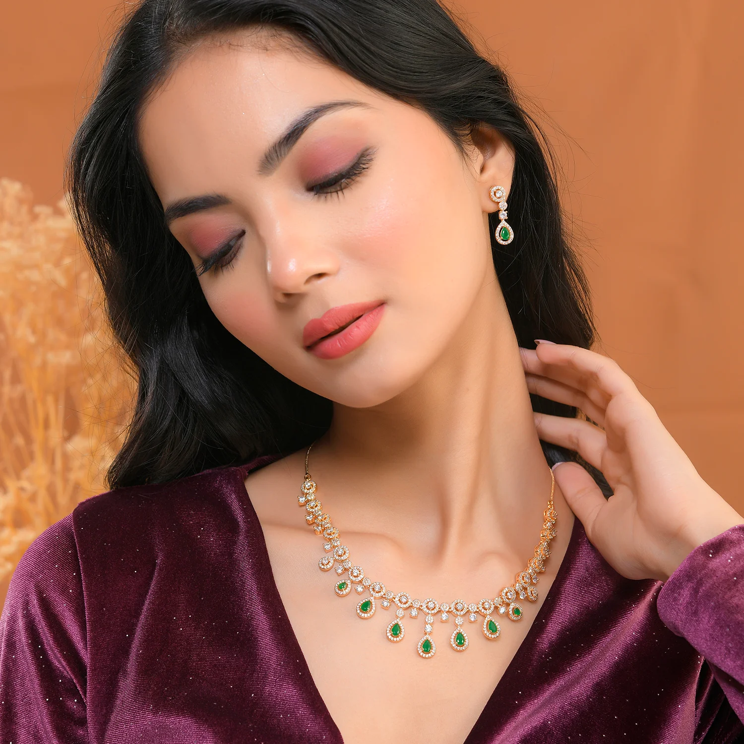 Sparkling Elegance Elegant American Diamond Green Necklace Set - Image 2