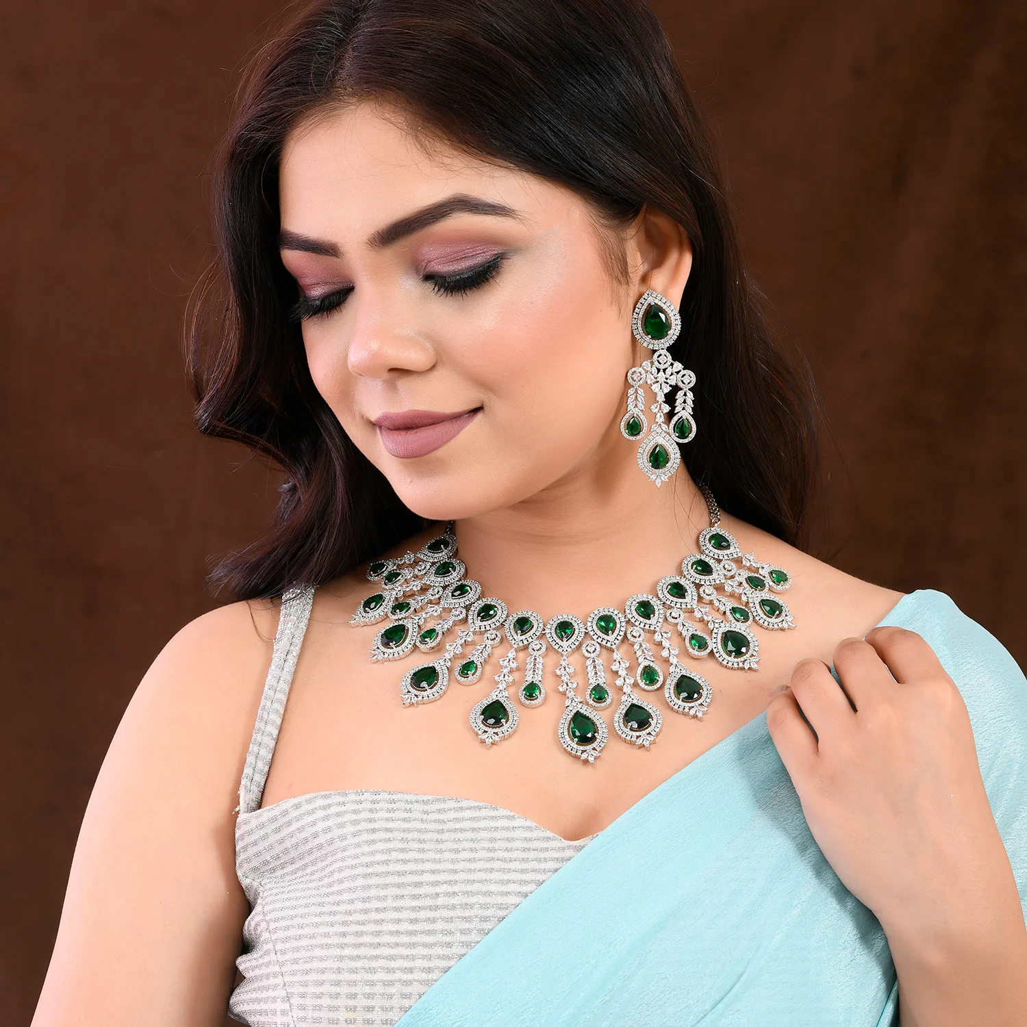 Sparkling Elegance Emerald Green Statement American Diamond Necklace Set - Image 2