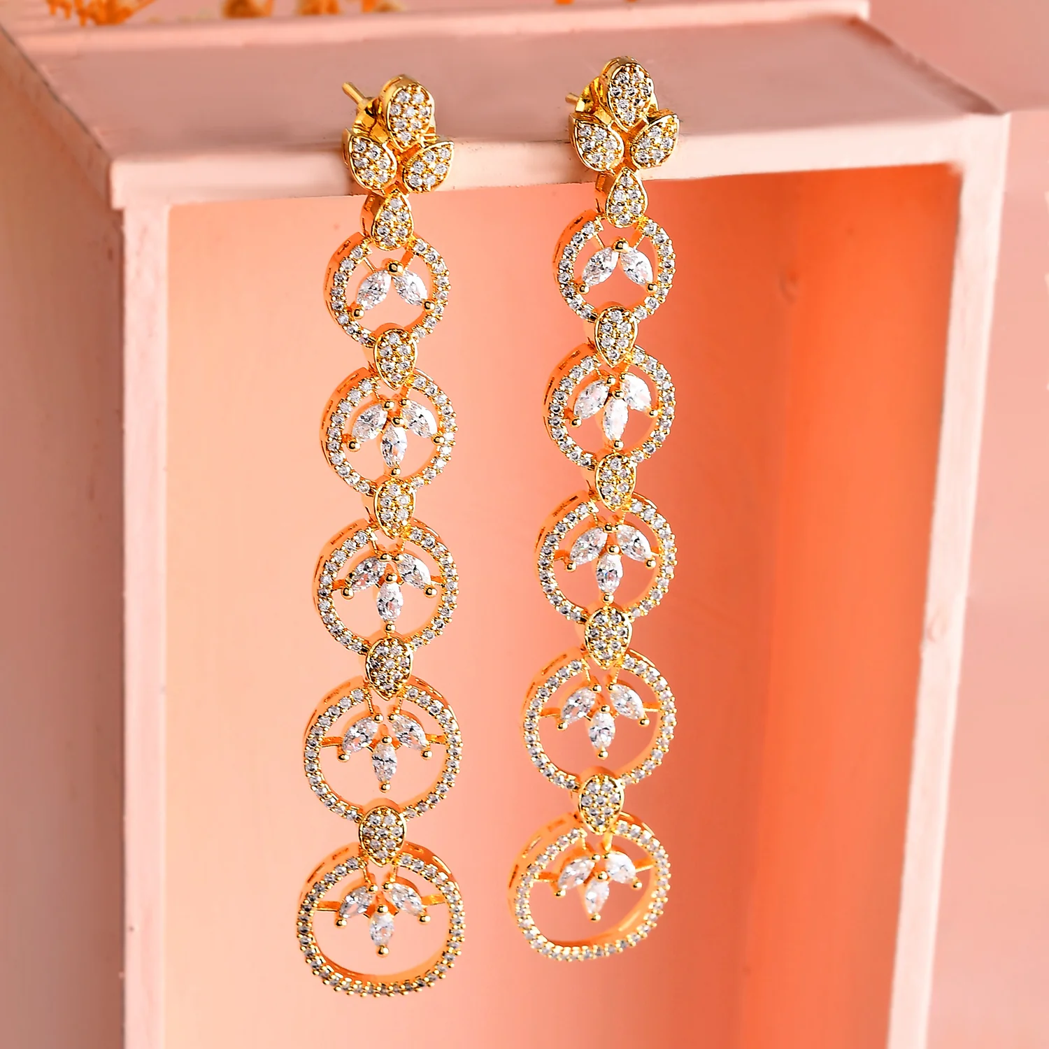 Sparkling Elegance Eternal Grace Gold American Diamond Dangler Earrings