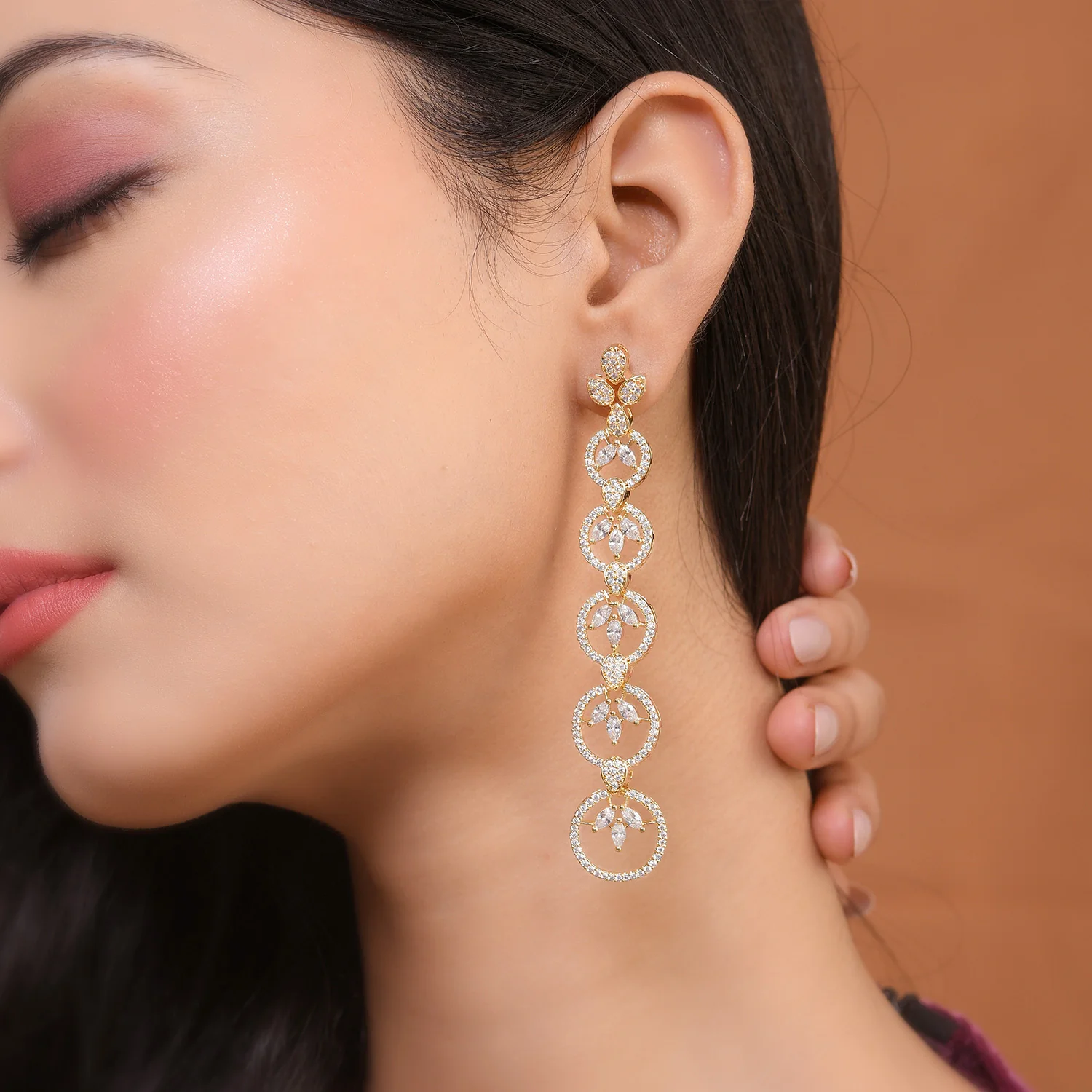 Sparkling Elegance Eternal Grace Gold American Diamond Dangler Earrings - Image 2