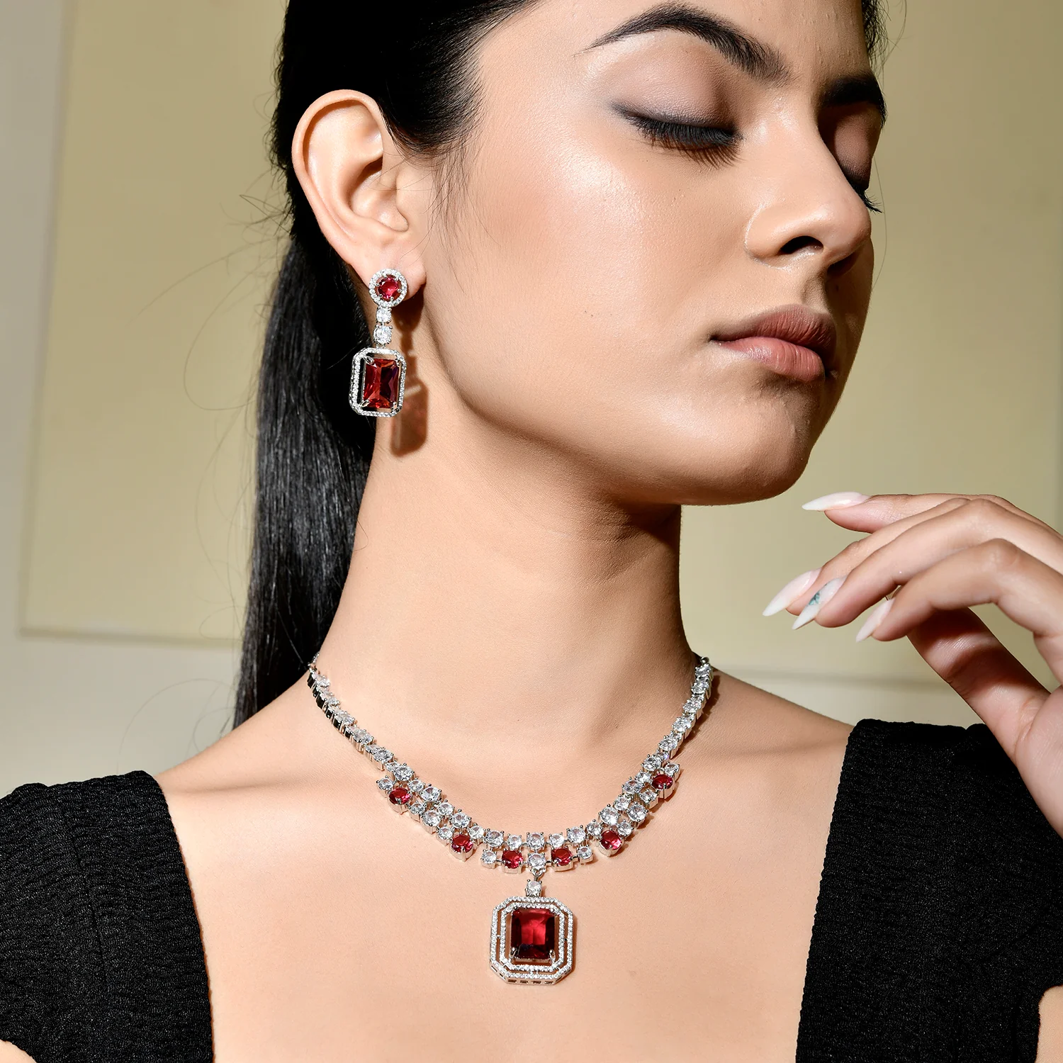 Sparkling Elegance Eternal Love Red American Diamond Necklace Set - Image 2