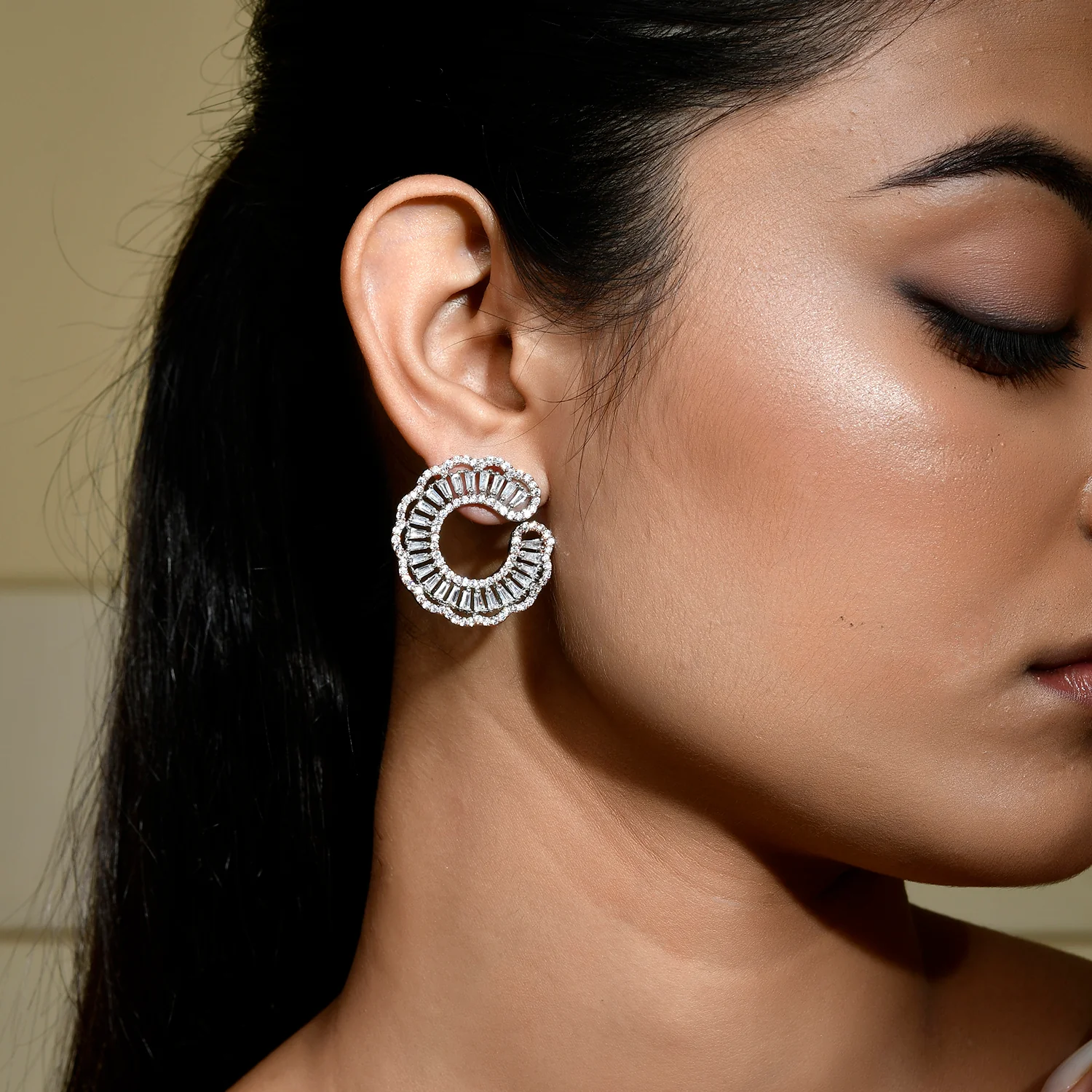 Sparkling Elegance Eternal Spiral Dual Tone American Diamond Earrings - Image 2