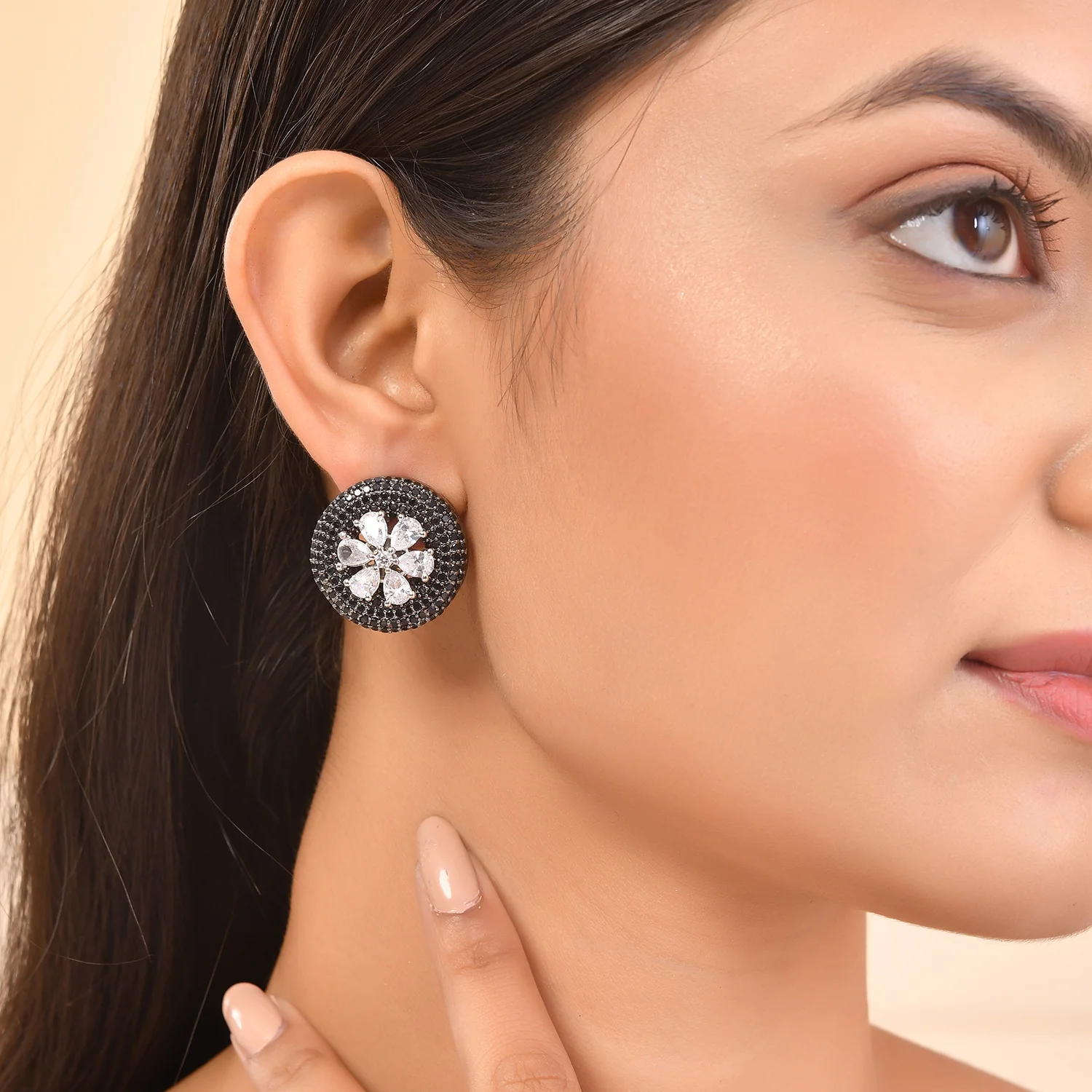 Sparkling Elegance Floral Beauty American Diamond Stud Earrings - Image 2