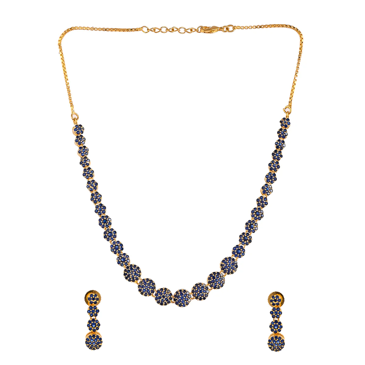Sparkling Elegance Floral Blue Round Cut Zircons Brass Gold Plated Jewellery Set - Image 3