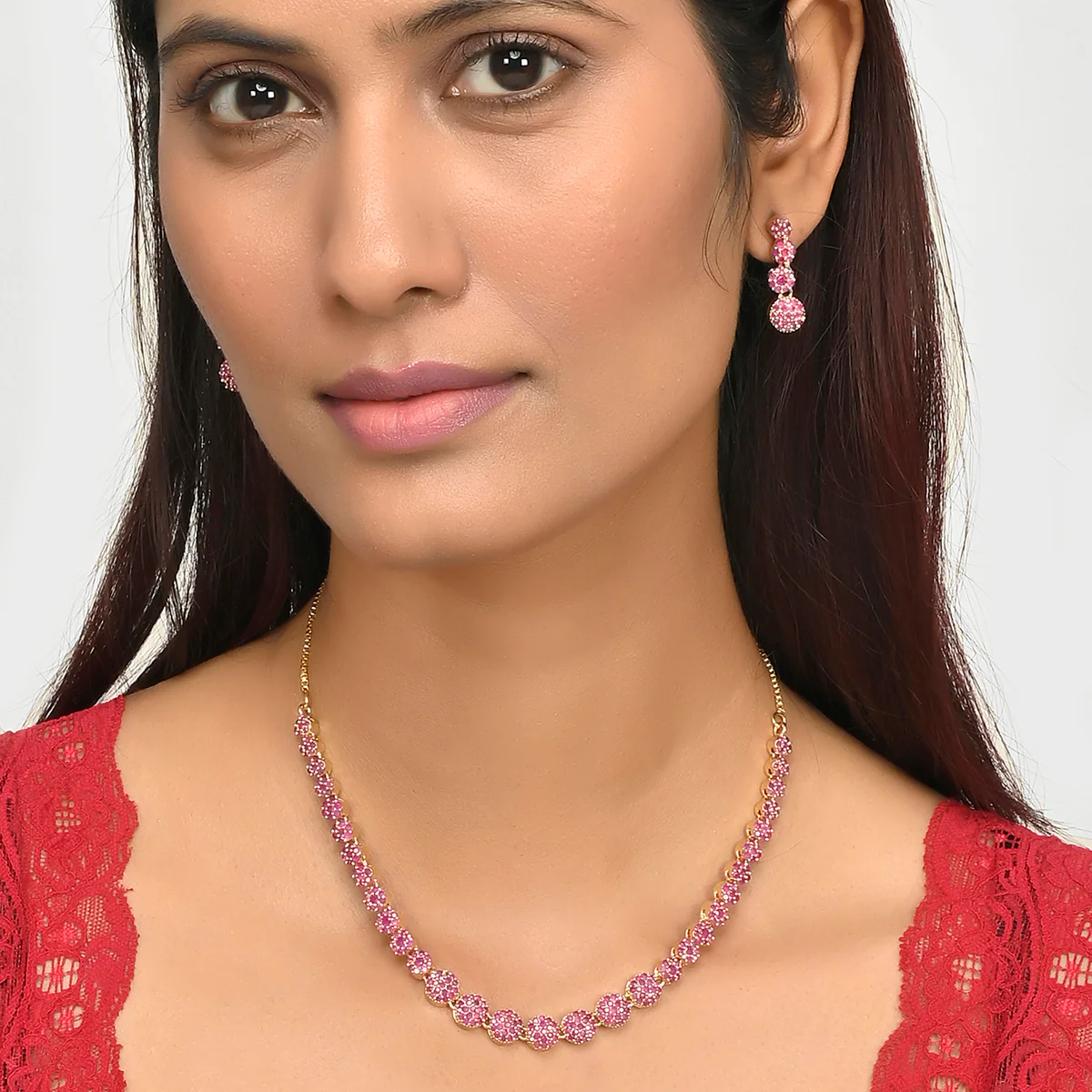 Sparkling Elegance Floral CZ Adorned Gold Plated Brass Jewellery Set - Image 2