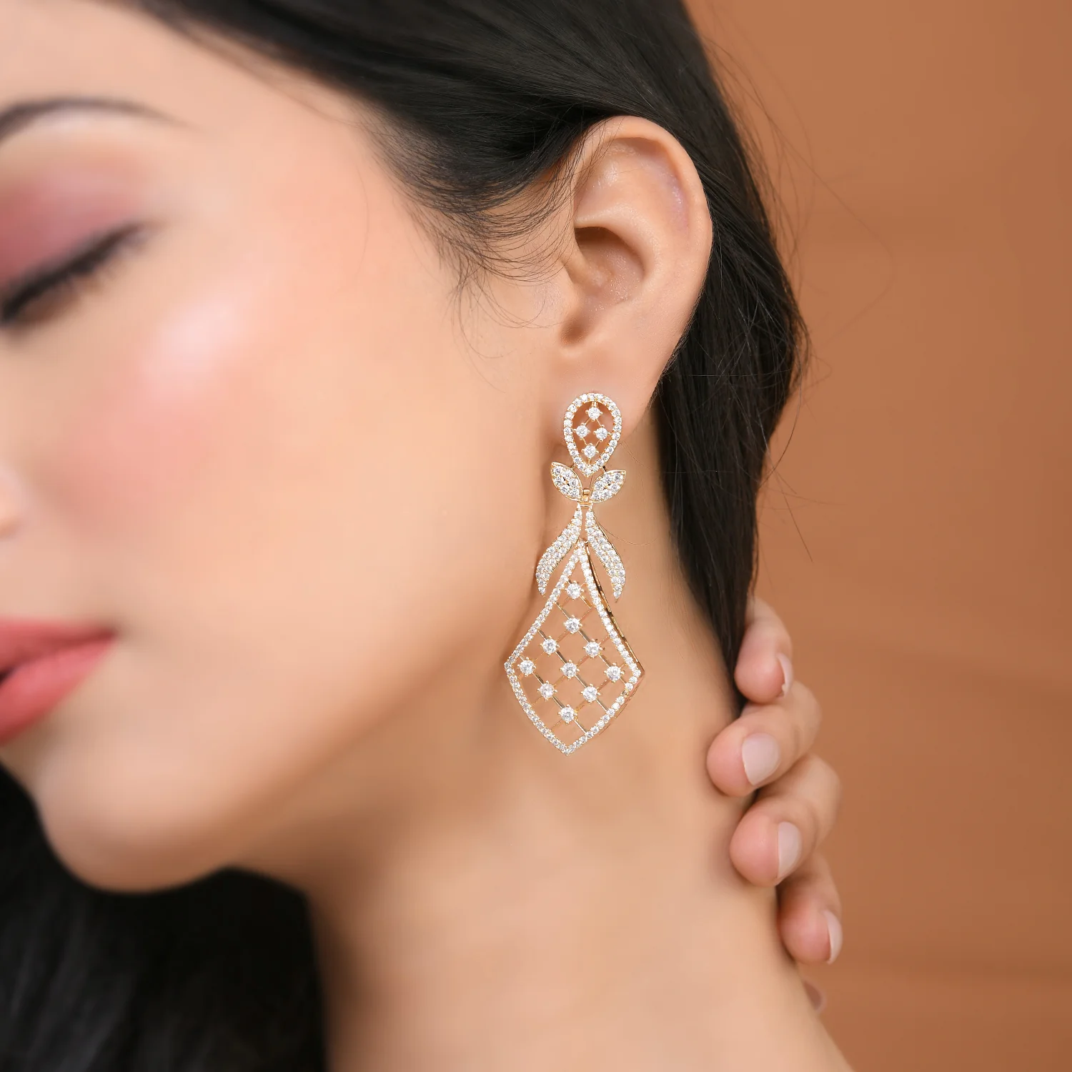Sparkling Elegance Floral Gold American Diamond Dangler Earrings - Image 2