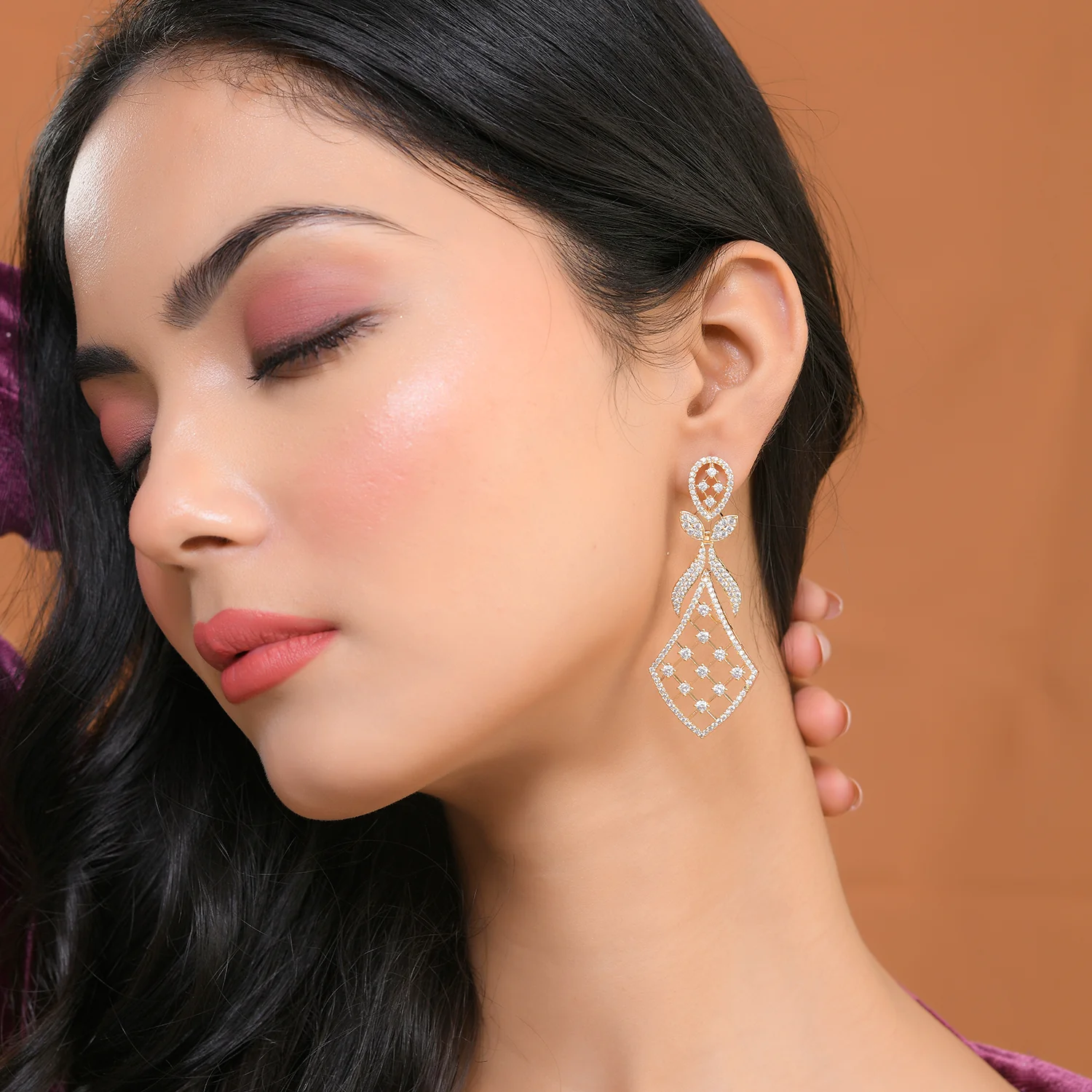 Sparkling Elegance Floral Gold American Diamond Dangler Earrings - Image 3