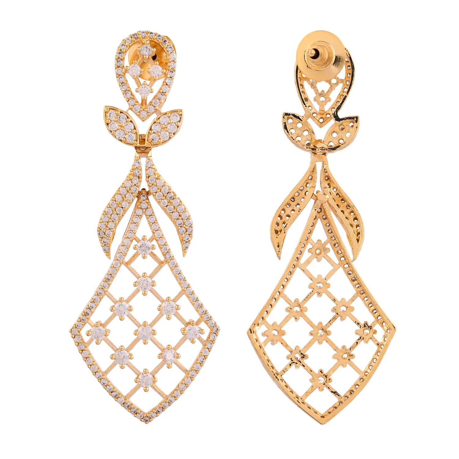 Sparkling Elegance Floral Gold American Diamond Dangler Earrings - Image 6
