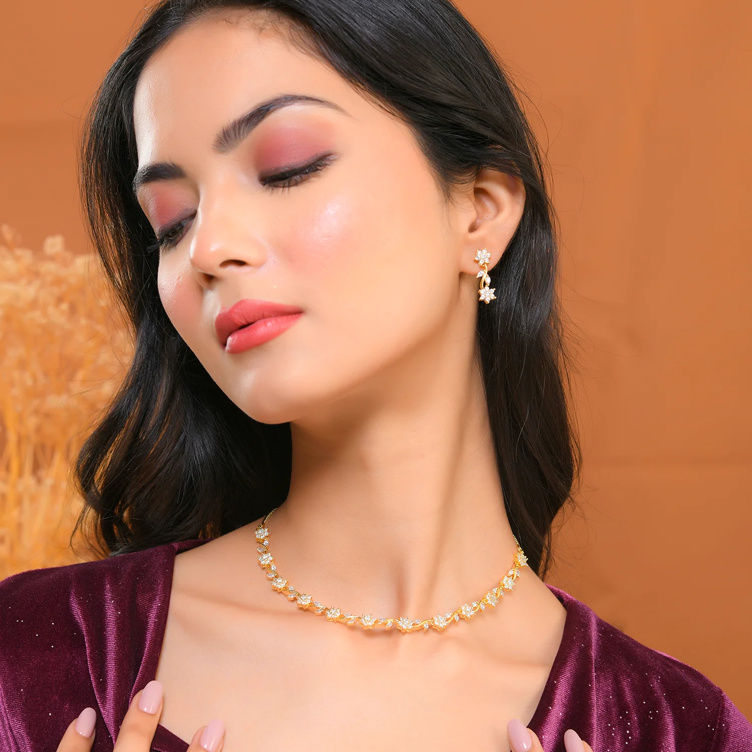 Sparkling Elegance Floral Grace American Diamond Necklace Set - Image 2