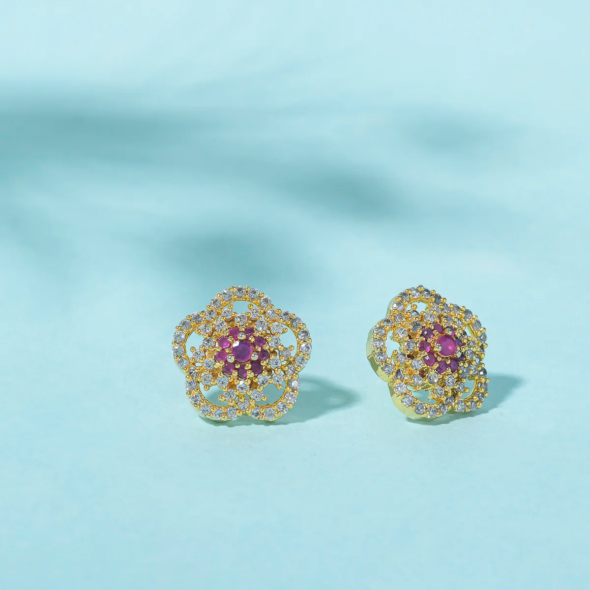 Sparkling Elegance Floral Heavily Zircons Embellished Brass Gold Plated Earrings
